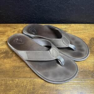 OluKai Tuahine Sandals Mens Size 14 Brown Leather Flip Flop Thong Comfort Shoes